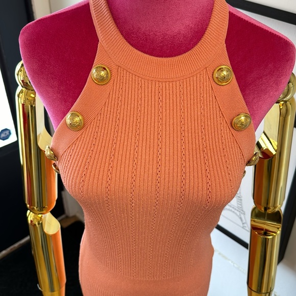 Balmain Gold Button Embellished Coral Knit Mini Dress Size 36 - Picture 3 of 13